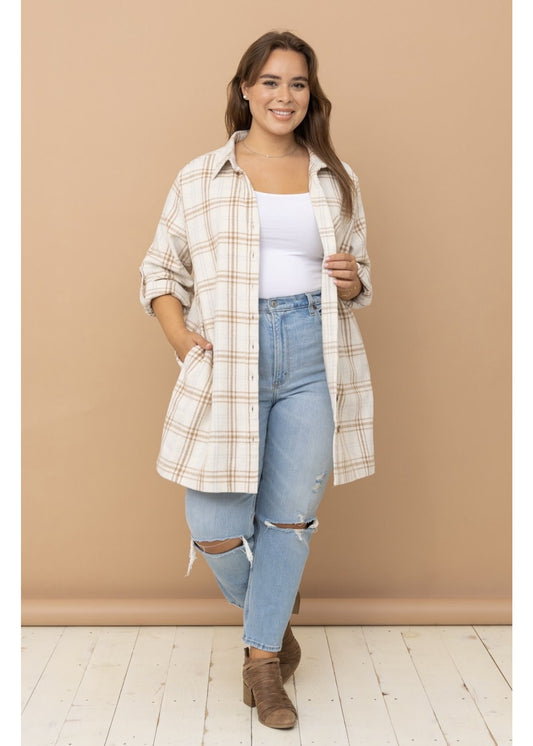 Plaid Button Up Shacket Dress in Ivory by Cozy Co