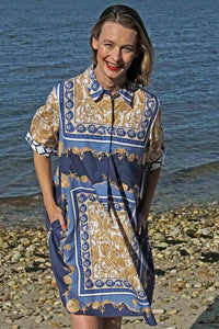 MONTEREY DRESS BLUE WHITE AND GOLD FILIGREE PRINT by Dizzy Lizzie