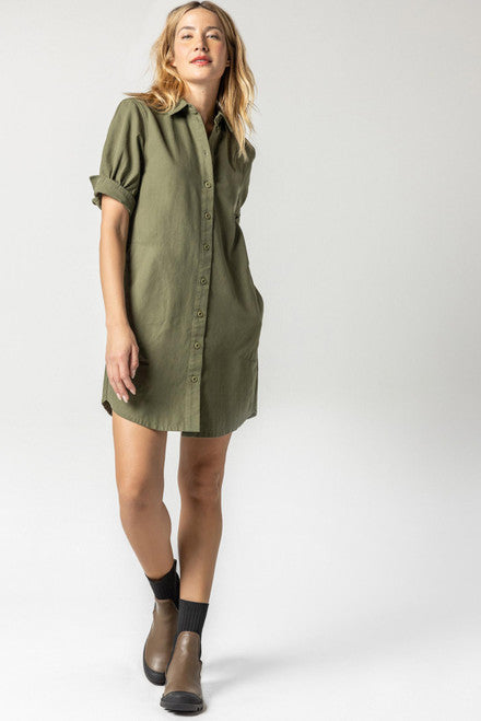 Cuff Sleeve Shirt Dress in Army by Lilla P