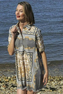 Chatham Dress with Gold and grey Shell and filigree print by Dizzy Lizzie