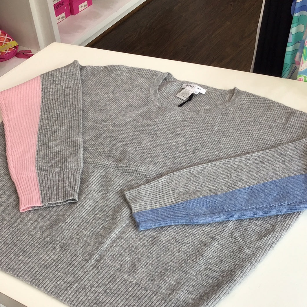 Oversized Cashmere Crewneck Sweater in Grey with Pink/Blue Sleeve Stripes by Symphony and Note
