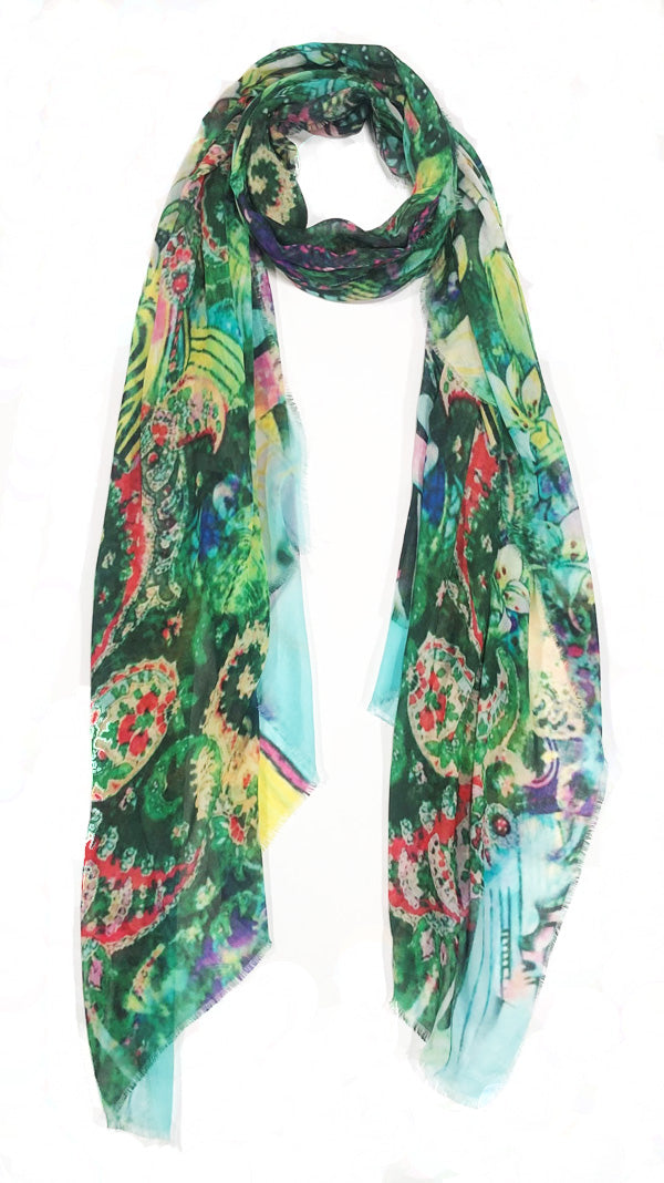 Blue Pacific Vintage Artisan Floral/Seashells Lime Scarf