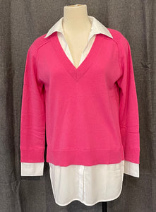 V Neck Cashmere Sweater with Shirting in Pink by Poshabilities