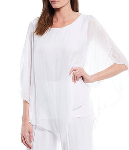 Scoop Neck 3/4 Sleeve Asymmetrical Hem Silky Woven Top in White by M Made in Italy