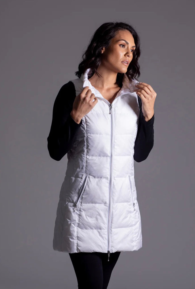 Long Down Filled Puffer Vest in Metallic White (silver zipper) by Anorak