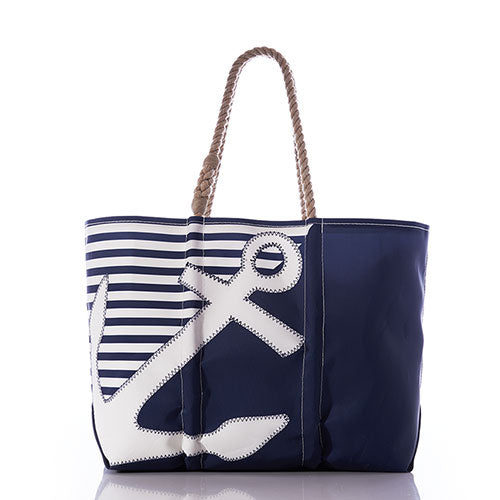 Breton Stripe White Anchor Large Tote by Sea Bags