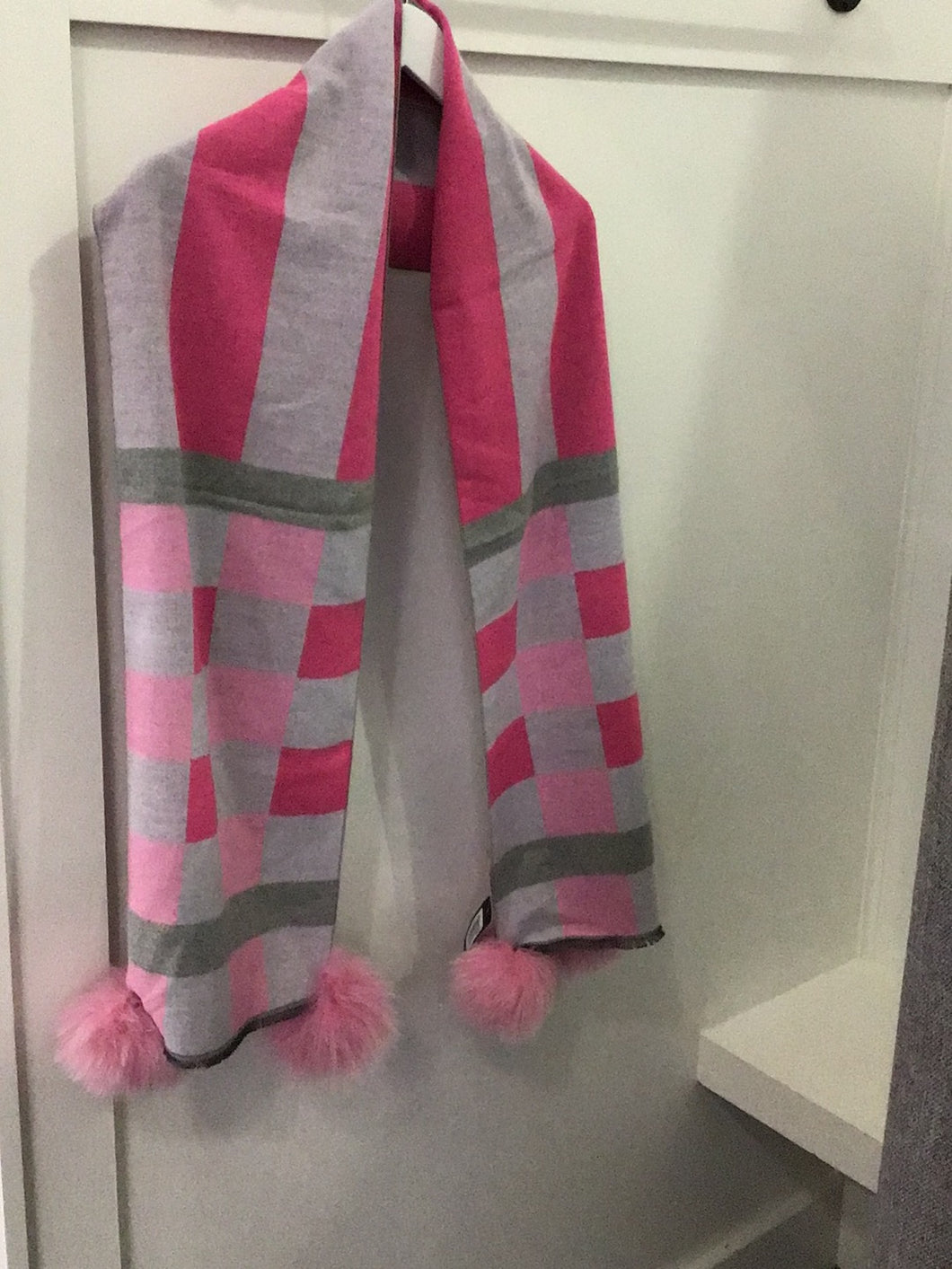 Stripes and Squares Knit Scarf with Pom Poms in pink and grey by MM