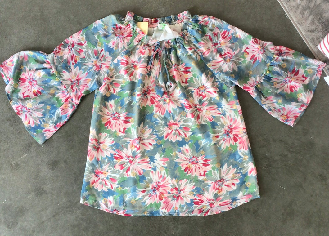 Peasant Flutter Sleeve Top in Blue Floral by Jade Melody Tam