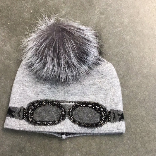 Sparkle Goggle Beanie with Snap on Pom Pom in Grey by MM