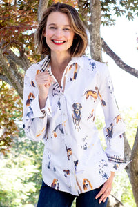 Rome Shirt Pooches Print with Plaid Collar and Cuffs by Dizzy Lizzie