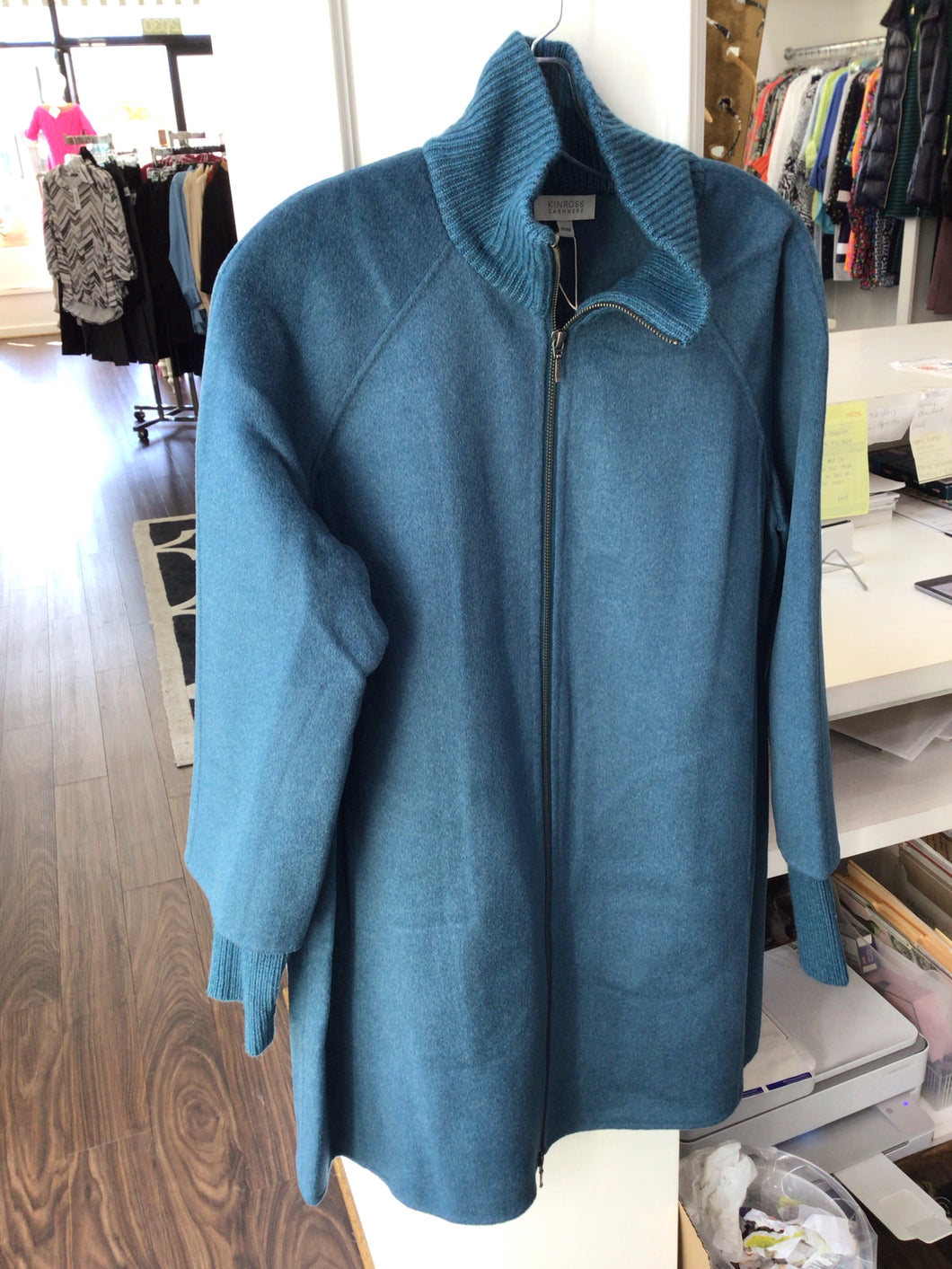 Rib Sleeve Zip Mock Coat in Blue Spruce by Kinross Cashmere