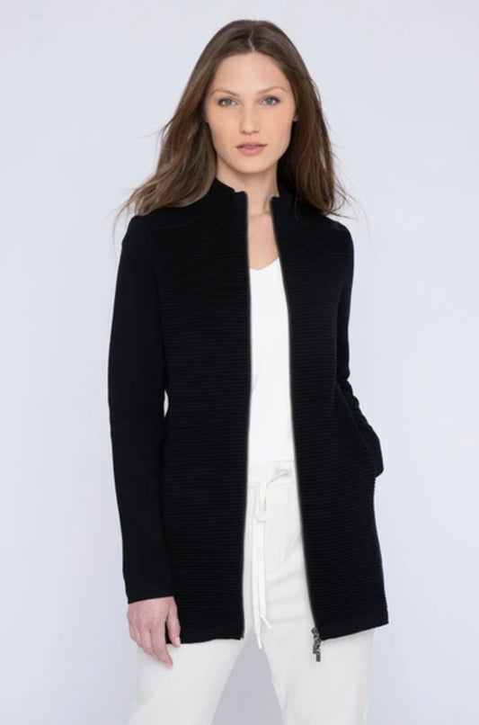 Long Zip Mock Cardigan in Black by Kinross