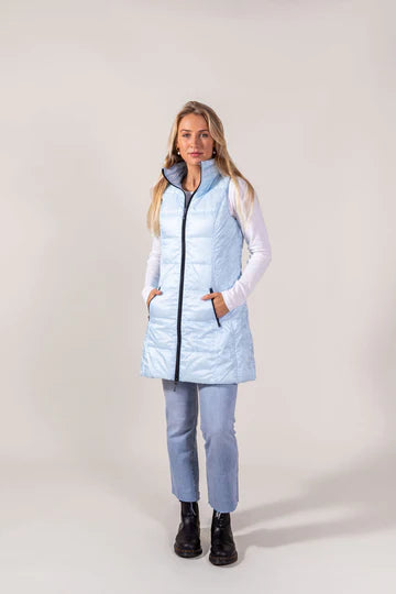 LONG NYLON DOWN VEST by Anorak in Glacier blue