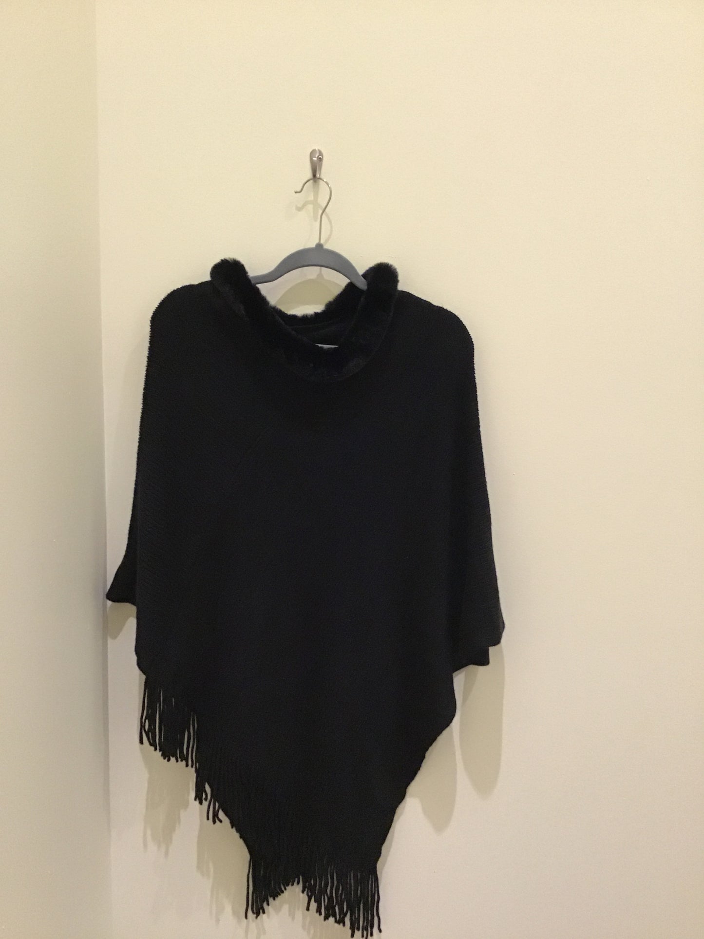 Faux Fur trim Poncho in Black by Designer House