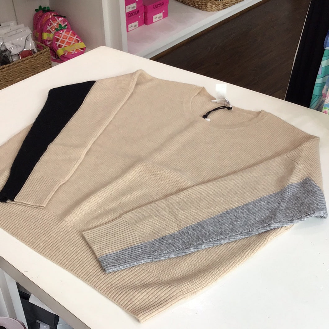 Oversized Cashmere Crewneck Sweater in Beige with Grey/Black Stripe on Sleeve by Symphony and Note