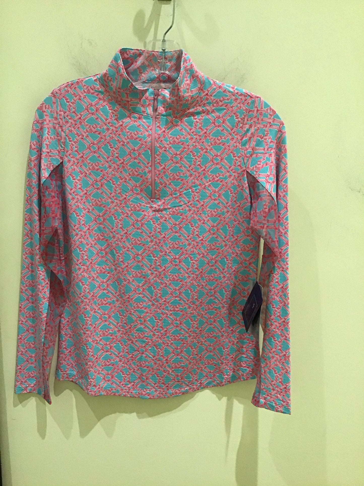 Long sleeved zip Mock Neck in Bali Seafoam/Pink