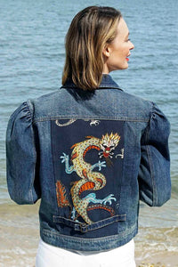 Brooklyn Jacket in Denim with Beaded Dragon on Back by Dizzy Lizzie