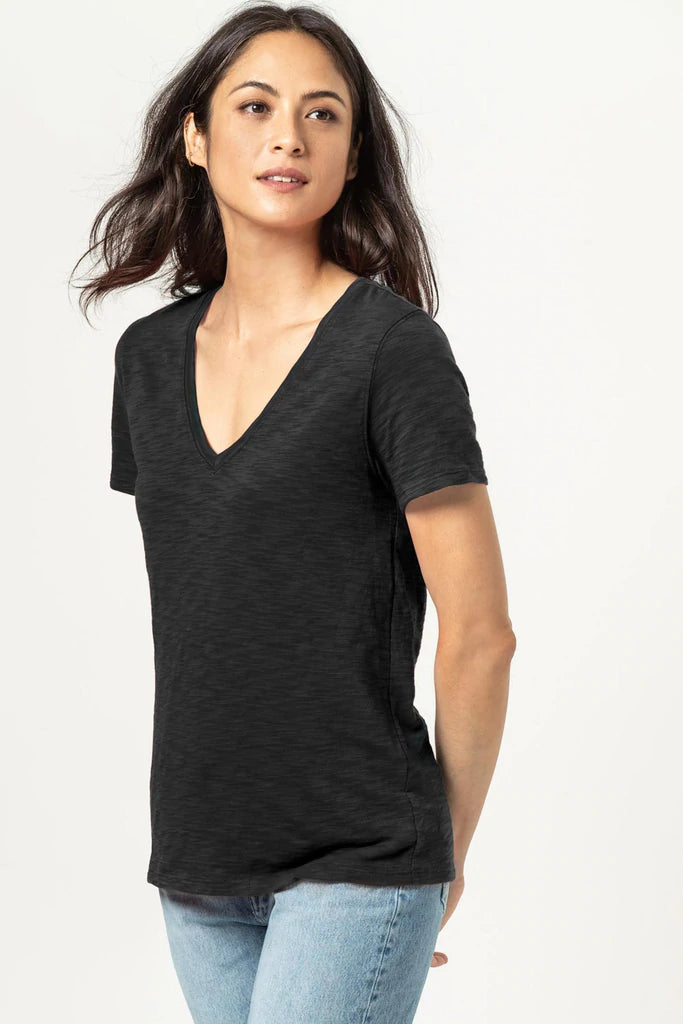 V Neck Short Sleeve Back Seam Tee in Black by Lilla P