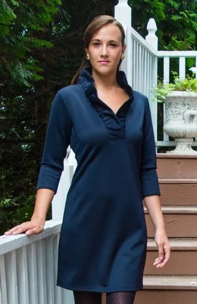 Ruffneck Jersey 3/4 Sleeve Dress Navy by Gretchen Scott