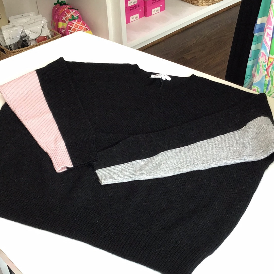 Oversized Cashmere Crewneck Sweater in Black with Grey/Pink Stripe on Sleeve by Symphony and Note