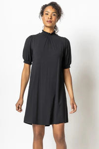 Smock Neck Elbow Sleeved Dress in Black by Lilla P