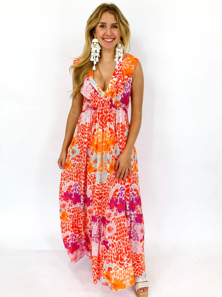 Ruffle V-Neck Maxi Dress in Antigua Orange by Oliphant