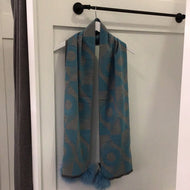 Kaleidoscope Pattern Knit Scarf with Pom Poms in Turquoise and Grey by MM