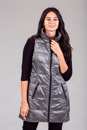 Long Metallic Down Vest Antique Silver by My Anorak