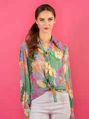 Summer Floral Print Silk Shirt Blouse w/ long sleeves and optional neck tie