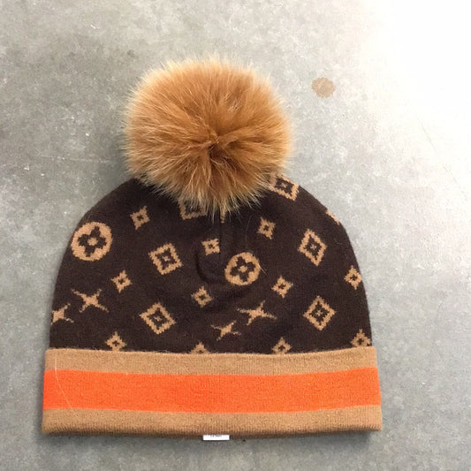 Knit Hat with Monogram Pattern and Pom Pom in by MM