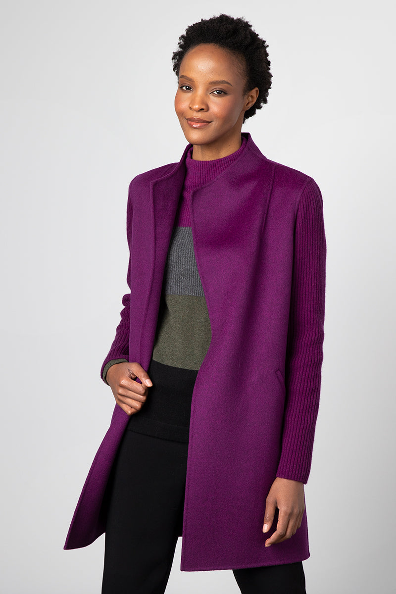 Ribbed Sleeve Cashmere Coat in Black Cherry by KinRoss