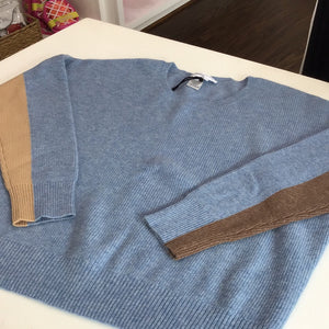 Oversized Cashmere Crewneck Sweater in Blue with tan and Camel Sleeve Stripe by Symphony and Note