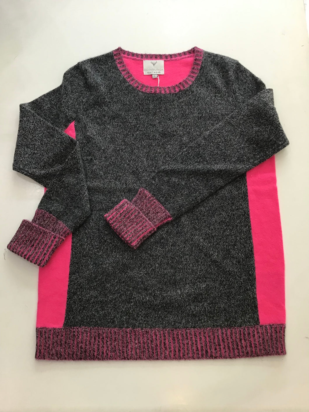 Contrast Back Sweater in Salt and Pepper with Shocking Pink by Edinburgh Knitwear