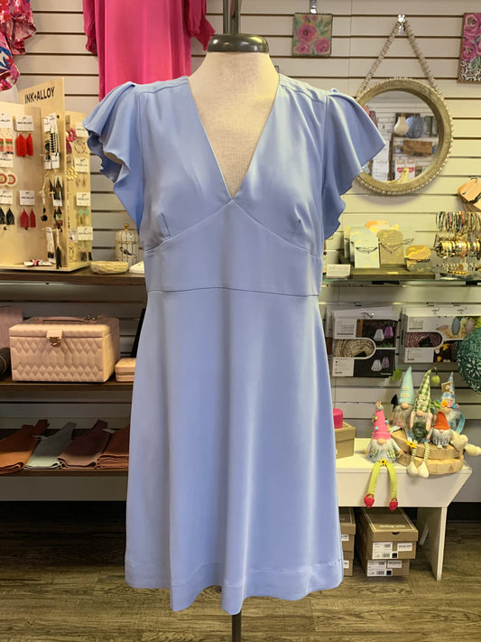 V-Neck Pleaty Sleeve Dress Baby Blue by Jade