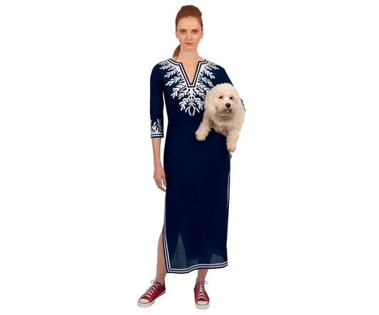 Wash/Wear Embroidered Caftan The Reef Navy/White by Gretchen Scott