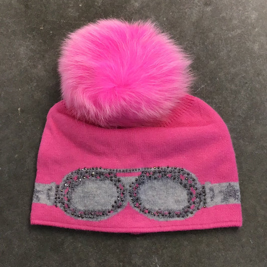 Sparkle Goggle Beanie with Snap On Pom Pom in pink by MM