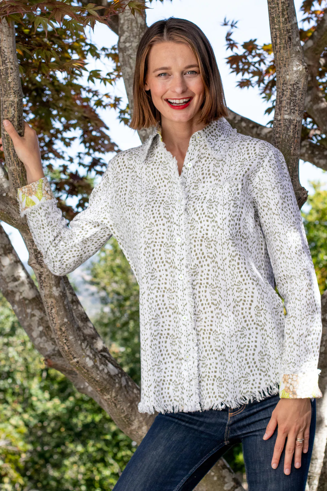 Cape Cod Tunic, Green Dots on White by Dizzy Lizzie
