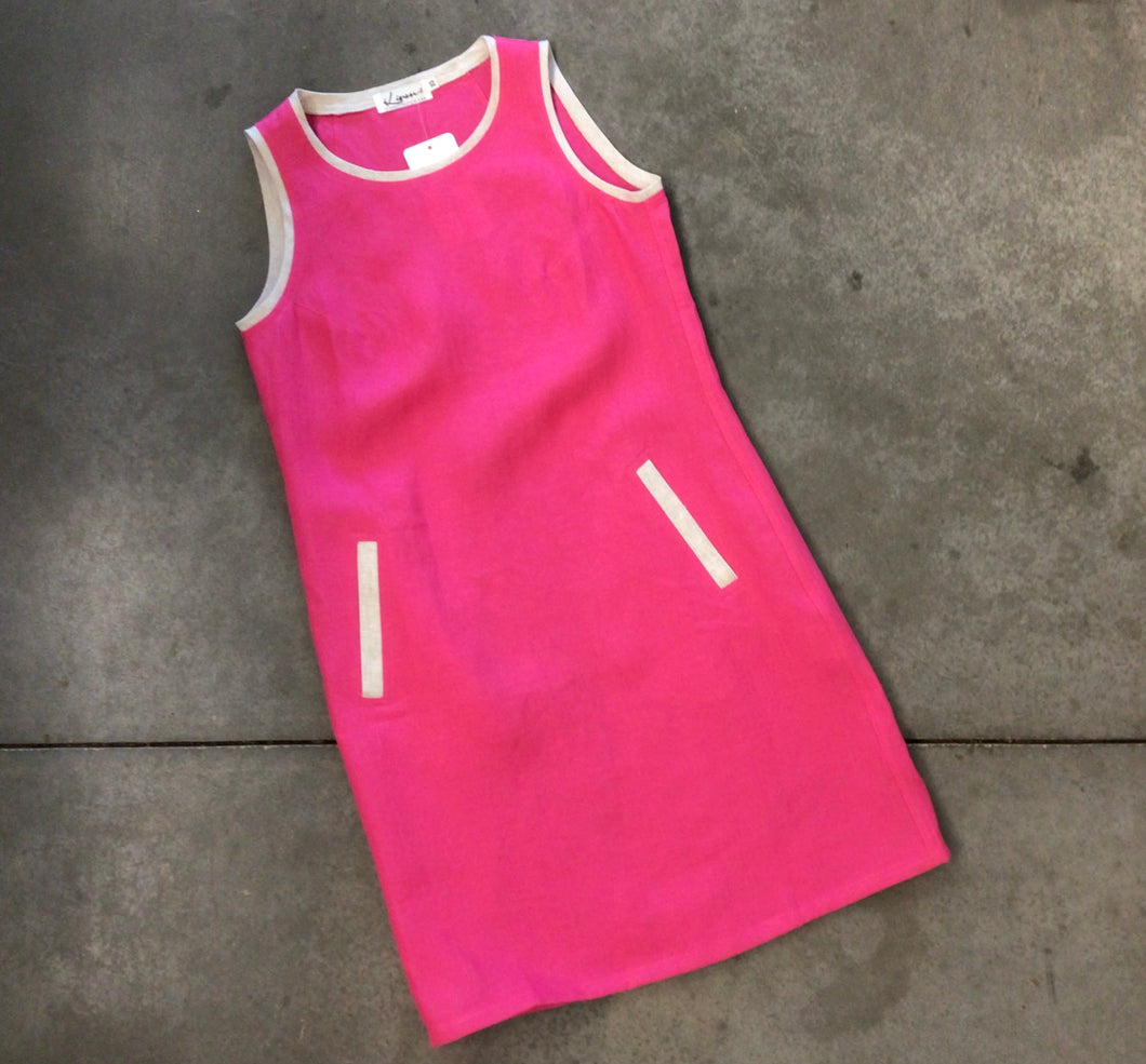 Sleeveless Crew Neck Dress in Magenta with Natural Trim by iLinen