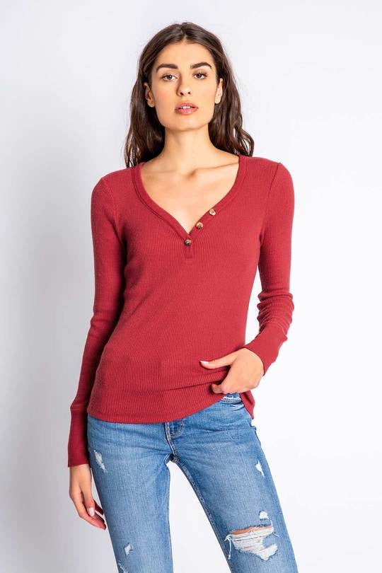 Textured Basic Long Sleeved Top in Brick by PJ Salvage