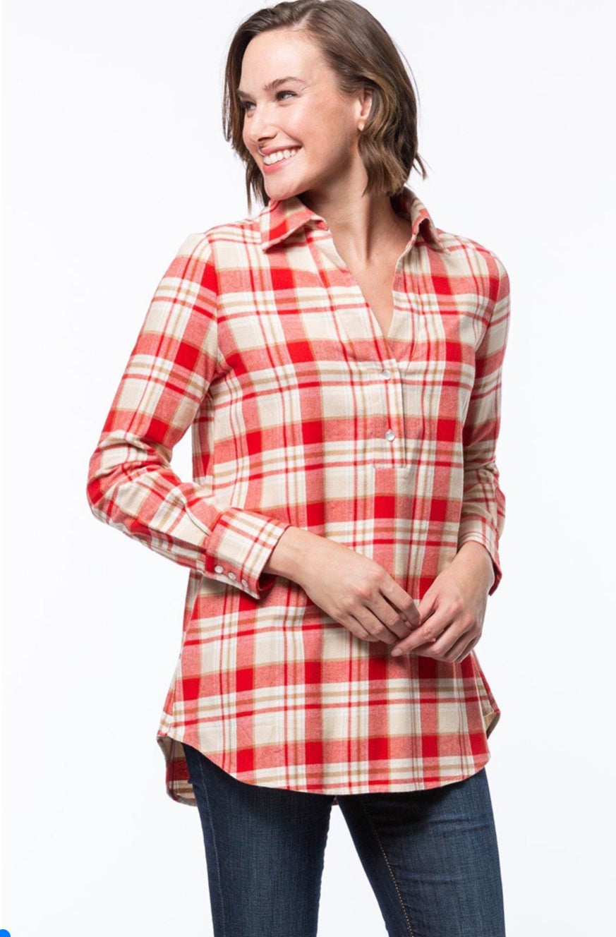 Teri Brushed Plaid Tunic in Red Multi by Tyler Boe