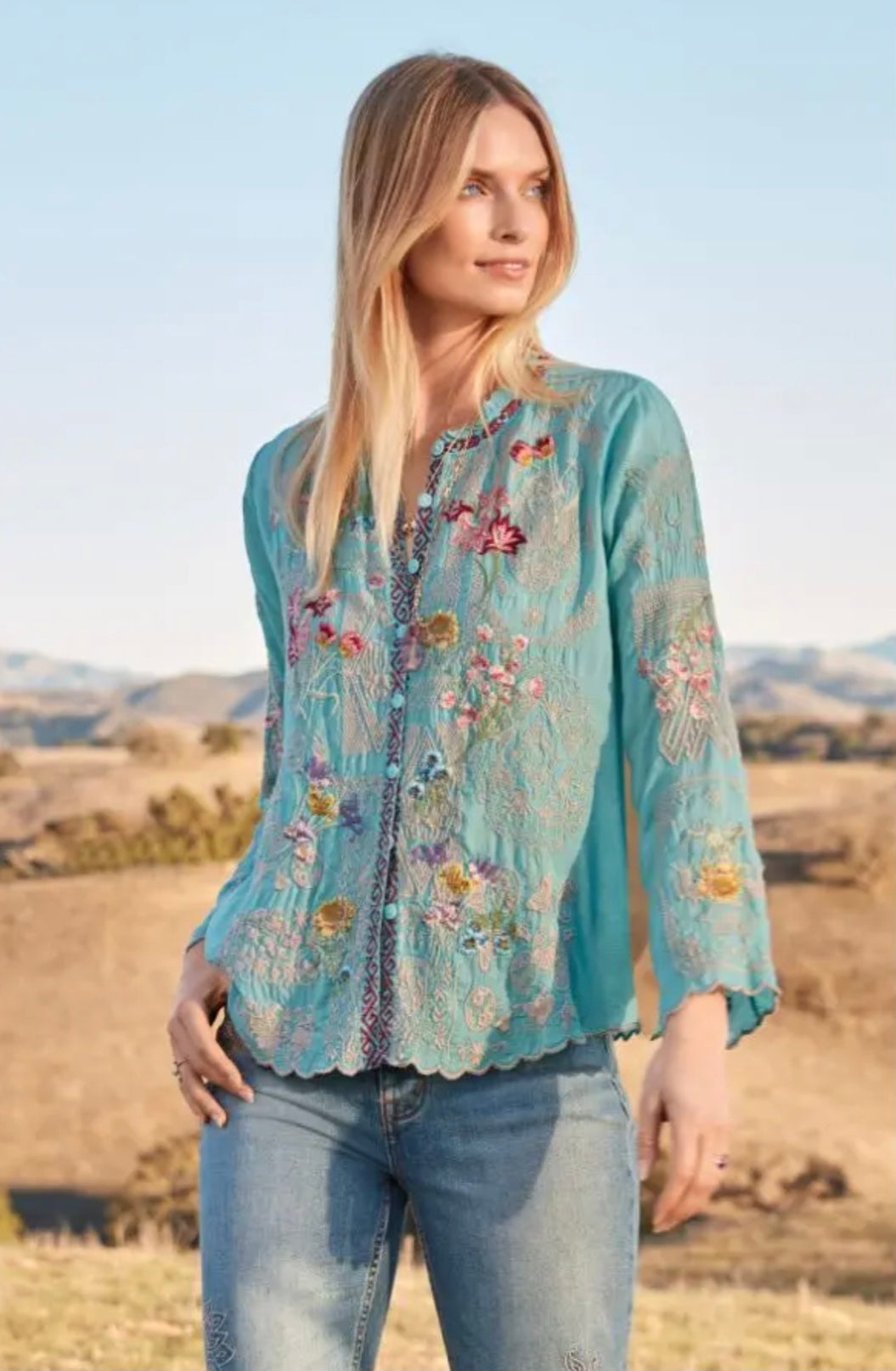 Allbee Blouse in Peacock Blue by Johnny Was