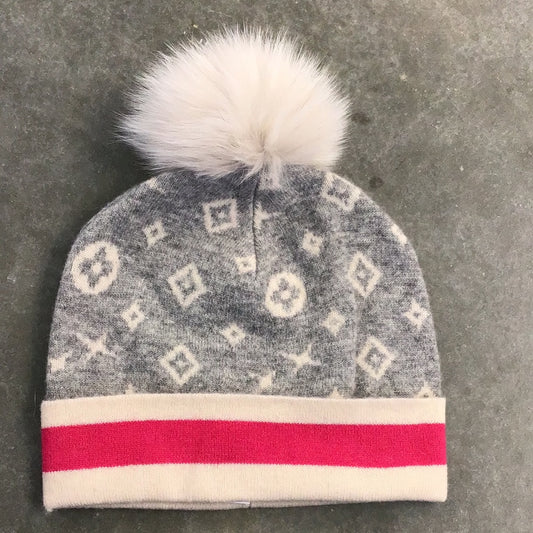 Monogram Pattern Knit Hat with Pom Pom in Grey